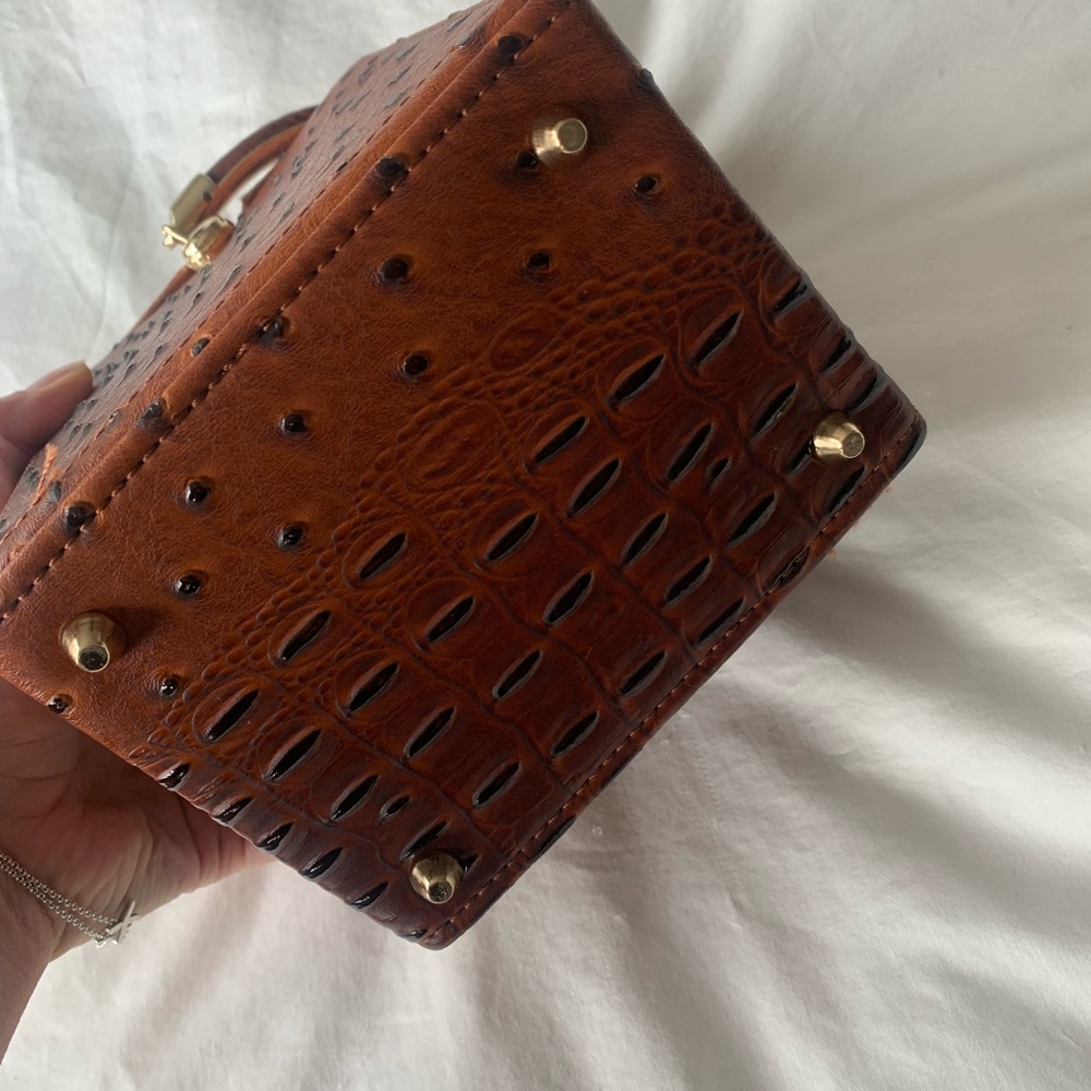 Elegant Brown Ostrich-Embossed Mini Square Bag - Picture 4 of 6